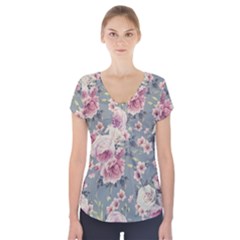 Pink Flower Seamless Design Floral Short Sleeve Front Detail Top by Nexatart