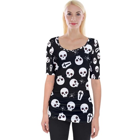 Skull, Spider And Chest  - Halloween Pattern Wide Neckline Tee by Valentinaart