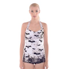 Vintage Halloween Bat pattern Boyleg Halter Swimsuit 