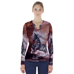 Steampunk, Awesome Steampunk Horse With Clocks And Gears In Silver V-neck Long Sleeve Top by FantasyWorld7