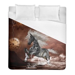 Steampunk, Awesome Steampunk Horse With Clocks And Gears In Silver Duvet Cover (full/ Double Size) by FantasyWorld7