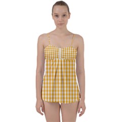 Pale Pumpkin Orange And White Halloween Gingham Check Babydoll Tankini Set