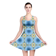 blue nice Daisy flower ang yellow squares Reversible Skater Dress