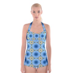 blue nice Daisy flower ang yellow squares Boyleg Halter Swimsuit 