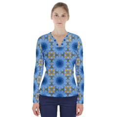 blue nice Daisy flower ang yellow squares V-Neck Long Sleeve Top