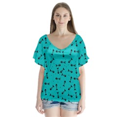 Fish Bones Pattern V-neck Flutter Sleeve Top