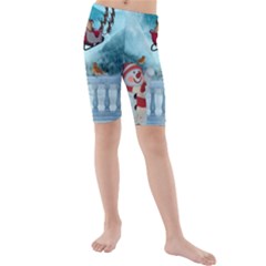 Christmas Design, Santa Claus With Reindeer In The Sky Kids  Mid Length Swim Shorts