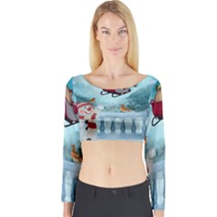 Christmas Design, Santa Claus With Reindeer In The Sky Long Sleeve Crop Top by FantasyWorld7