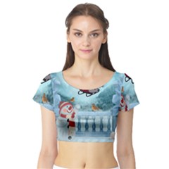 Christmas Design, Santa Claus With Reindeer In The Sky Short Sleeve Crop Top by FantasyWorld7