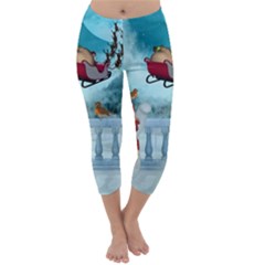 Christmas Design, Santa Claus With Reindeer In The Sky Capri Winter Leggings  by FantasyWorld7