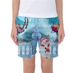 Christmas Design, Santa Claus With Reindeer In The Sky Women s Basketball Shorts by FantasyWorld7