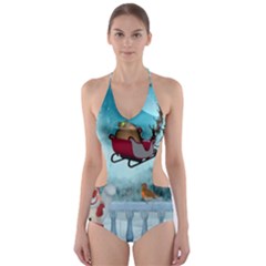 Christmas Design, Santa Claus With Reindeer In The Sky Cut-out One Piece Swimsuit by FantasyWorld7