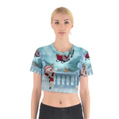 Christmas Design, Santa Claus With Reindeer In The Sky Cotton Crop Top by FantasyWorld7