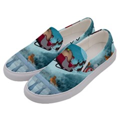 Christmas Design, Santa Claus With Reindeer In The Sky Men s Canvas Slip Ons by FantasyWorld7