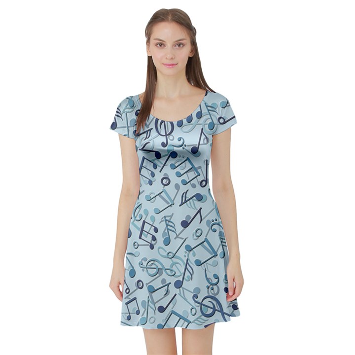 Blue Pattern with Music Notes Short Sleeve Skater Dress