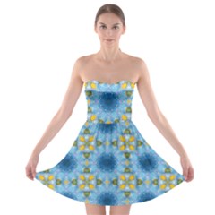 Blue Nice Daisy Flower Ang Yellow Squares Strapless Bra Top Dress