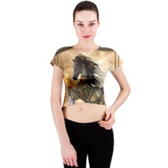 Steampunk, Wonderful Steampunk Horse With Clocks And Gears, Golden Design Crew Neck Crop Top by FantasyWorld7