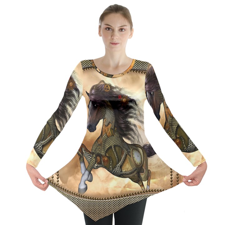 Steampunk, Wonderful Steampunk Horse With Clocks And Gears, Golden Design Long Sleeve Tunic 