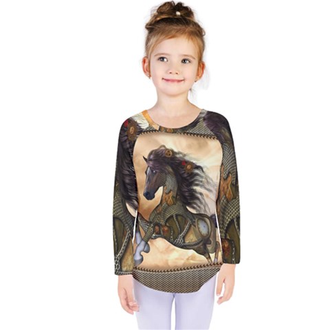 Steampunk, Wonderful Steampunk Horse With Clocks And Gears, Golden Design Kids  Long Sleeve Tee by FantasyWorld7