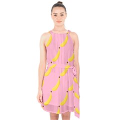 Banana Fruit Yellow Pink Halter Collar Waist Tie Chiffon Dress