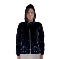 Blue Glowing Star Particle Random Motion Graphic Space Black Hooded Wind Breaker (women)