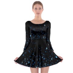 Blue Glowing Star Particle Random Motion Graphic Space Black Long Sleeve Skater Dress by Mariart