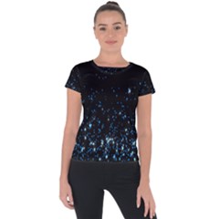 Blue Glowing Star Particle Random Motion Graphic Space Black Short Sleeve Sports Top  by Mariart