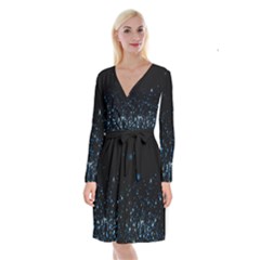 Blue Glowing Star Particle Random Motion Graphic Space Black Long Sleeve Velvet Front Wrap Dress