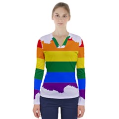 Flag Map Stripes Line Colorful V-Neck Long Sleeve Top