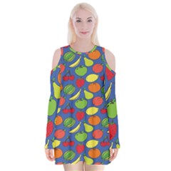 Fruit Melon Cherry Apple Strawberry Banana Apple Velvet Long Sleeve Shoulder Cutout Dress by Mariart