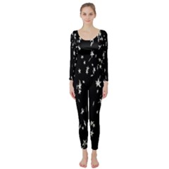 Falling Spinning Silver Stars Space White Black Long Sleeve Catsuit