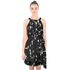 Falling Spinning Silver Stars Space White Black Halter Collar Waist Tie Chiffon Dress