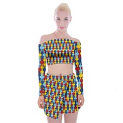 Fuzzle Red Blue Yellow Colorful Off Shoulder Top With Skirt Set by Mariart