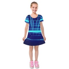 Grid Structure Blue Line Kids  Short Sleeve Velvet Dress