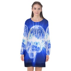 Lightning Brain Blue Long Sleeve Chiffon Shift Dress 