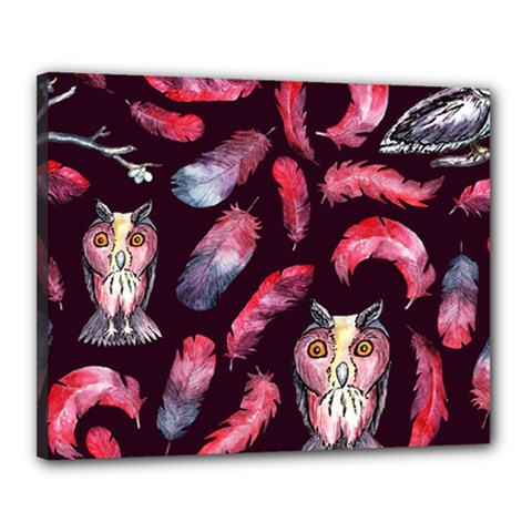 Boho Owl And Feather Pattern Canvas 20  X 16  by paulaoliveiradesign
