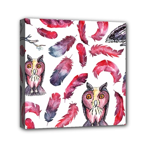 Boho Owl And Feather White Pattern Mini Canvas 6  X 6  by paulaoliveiradesign