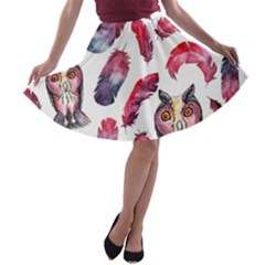 Boho Owl And Feather White Pattern A-line Skater Skirt