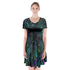 Colorful Geometric Electrical Line Block Grid Zooming Movement Short Sleeve V-neck Flare Dress by Mariart