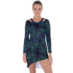 Colorful Geometric Electrical Line Block Grid Zooming Movement Asymmetric Cut-out Shift Dress