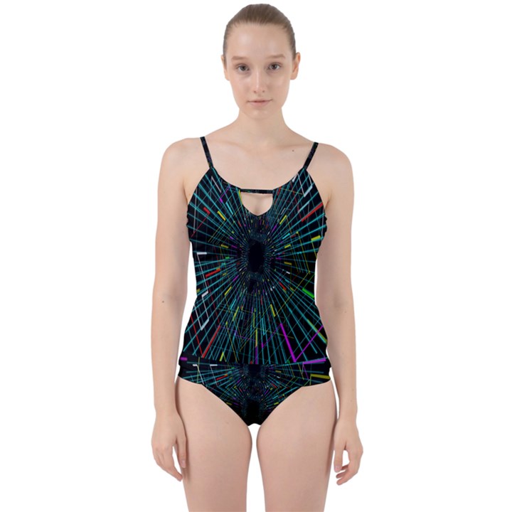 Colorful Geometric Electrical Line Block Grid Zooming Movement Cut Out Top Tankini Set