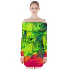 Neon Rainbow Green Pink Blue Red Painting Long Sleeve Off Shoulder Dress
