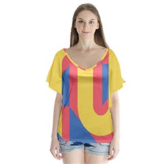 Rainbow Sign Yellow Red Blue Retro V-neck Flutter Sleeve Top