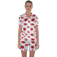 Red Fruit Strawberry Pattern Satin Short Sleeve Pyjamas Set