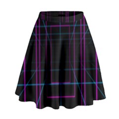 Retro Neon Grid Squares And Circle Pop Loop Motion Background Plaid Purple High Waist Skirt by Mariart