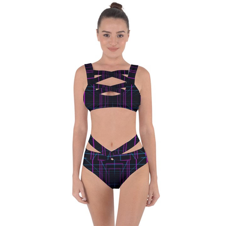 Retro Neon Grid Squares And Circle Pop Loop Motion Background Plaid Purple Bandaged Up Bikini Set 