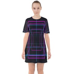 Retro Neon Grid Squares And Circle Pop Loop Motion Background Plaid Purple Sixties Short Sleeve Mini Dress