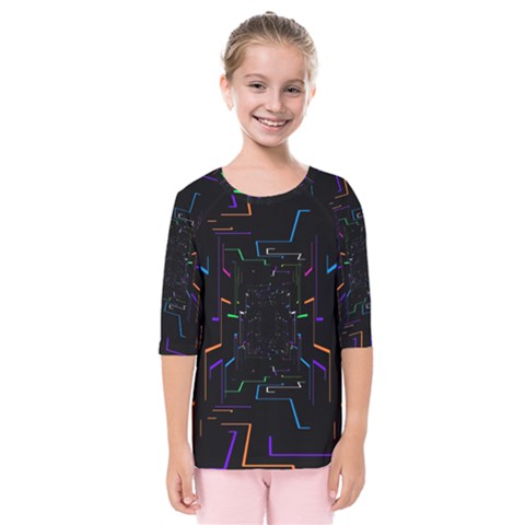 Seamless 3d Animation Digital Futuristic Tunnel Path Color Changing Geometric Electrical Line Zoomin Kids  Quarter Sleeve Raglan Tee by Mariart