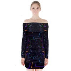 Seamless 3d Animation Digital Futuristic Tunnel Path Color Changing Geometric Electrical Line Zoomin Long Sleeve Off Shoulder Dress by Mariart