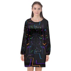 Seamless 3d Animation Digital Futuristic Tunnel Path Color Changing Geometric Electrical Line Zoomin Long Sleeve Chiffon Shift Dress  by Mariart